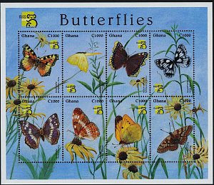 Гана, 1999, Бабочки, Цветы-1, лист