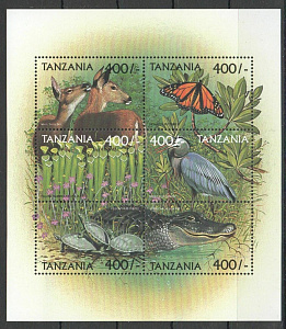 Танзания, 1999, Бабочки, Фауна, Птицы, лист