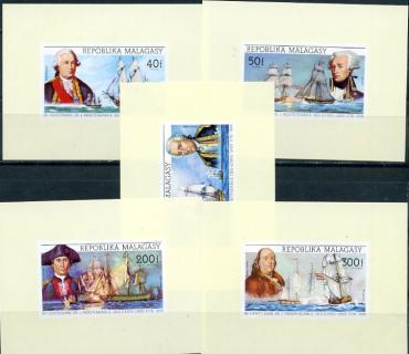 Малагаси, 200 лет США. Парусники. Флотоводцы. 1975, 5 люкс-блоков