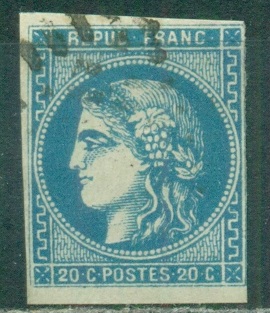 Франция 1870, 20 с "Церера", Михель № 41 t.II (синяя), 55 Евро обычный штемпель