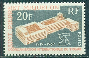 Сен-Пьер и Микелон, 1969, Всемирная Организация Труда, 1 марка, 12 Евро наклейка * Сен-Пьер и Микелон, 1969, Всемирная Организация Труда, 1 марка, 12 Евро наклейка *
